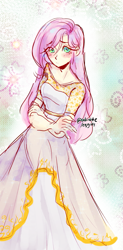 Size: 631x1280 | Tagged: safe, artist:odiiette, fluttershy, human, beautiful, clothes, crossed arms, cute, dress, eye clipping through hair, humanized, shyabetes, solo