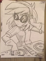Size: 2448x3264 | Tagged: safe, artist:lablelesswaterlily, dj pon-3, vinyl scratch, pony, unicorn, clothes, female, fingerless gloves, glasses, gloves, headphones, sketch, solo, traditional art, turntable