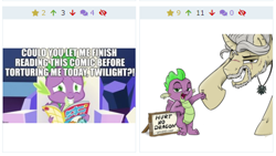 Size: 487x275 | Tagged: safe, artist:rutkotka, edit, edited screencap, editor:useraccount, screencap, spike, twilight sparkle, dragon, pony, unicorn, all bottled up, abuse, code, comic, comic book, comic style, derpibooru, funny, geralt of rivia, hoofbump, image macro, juxtaposition, juxtaposition win, male, meme, meta, reading, spikeabuse, stallion, the witcher, torture, winged spike, wings