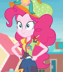 Size: 630x720 | Tagged: safe, screencap, pinkie pie, better together, equestria girls, rollercoaster of friendship, clothes, cropped, female, fun inspector, fun inspector pinkie, hat, messy, smiling