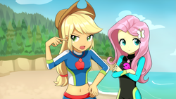 Size: 2369x1333 | Tagged: safe, artist:ryuu, applejack, fluttershy, better together, equestria girls, forgotten friendship, anime, applejack's hat, beach, belly button, clothes, cowboy hat, duo, female, geode of fauna, geode of super strength, hairpin, hat, midriff, scene interpretation, swimsuit, water, wetsuit