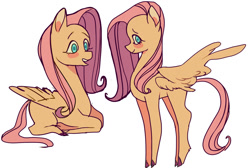 Size: 1280x858 | Tagged: safe, artist:xrnoodle, fluttershy, pegasus, pony, colored hooves, cute, duality, leg fluff, missing cutie mark, ponyloaf, profile, prone, shyabetes, simple background, white background