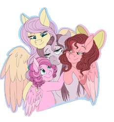 Size: 1506x1619 | Tagged: safe, artist:absolutecactus, fluttershy, pinkie pie, oc, oc:hush puppy, oc:sugar puff, earth pony, pegasus, pony, alternate design, alternate universe, entroverse, family photo, female, lesbian, magical lesbian spawn, next generation, nextgen:entroverse, offspring, parent:fluttershy, parent:pinkie pie, parents:flutterpie, pinkamena diane pie, simple background, transparent background