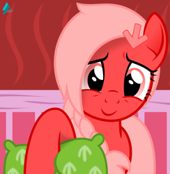 Size: 1800x1843 | Tagged: safe, artist:arifproject, oc, oc only, oc:downvote, cute, derpibooru, derpibooru ponified, meta, pillow, ponified, simple background, smiling, solo