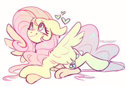 Size: 1280x881 | Tagged: safe, artist:fawnshy, fluttershy, pegasus, pony, heart, lying down, solo