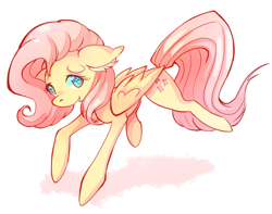 Size: 1280x1007 | Tagged: safe, artist:tazmiliandevil, fluttershy, pegasus, pony, colored pupils, ear fluff, female, floppy ears, folded wings, looking at you, mare, simple background, solo, three quarter view, white background, wings