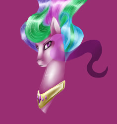 Size: 889x940 | Tagged: safe, artist:moonmiyato, princess celestia, alicorn, pony, bust, jewelry, magenta background, necklace, regalia, simple background, solo, sombra eyes