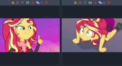 Size: 1791x979 | Tagged: safe, edit, screencap, sunset shimmer, better together, equestria girls, forgotten friendship, all fours, derpibooru, juxtaposition, juxtaposition win, meme, meta, ponied up