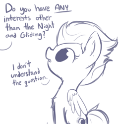 Size: 1080x1080 | Tagged: safe, artist:tjpones, night glider, pegasus, pony, chest fluff, confused, cute, dialogue, fluffy, frown, glideabetes, looking up, monochrome, offscreen character, open mouth, simple background, sitting, solo, that pony sure does love the night and gliding, white background