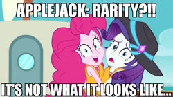 Size: 1920x1080 | Tagged: safe, edit, edited screencap, screencap, applejack, pinkie pie, rarity, better together, equestria girls, the salty sails, clothes, female, image macro, implied lesbian, implied rarijack, implied shipping, lesbian, meme, rarijack, raripie, shipping, swimsuit