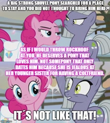 Size: 500x562 | Tagged: safe, edit, edited screencap, screencap, limestone pie, pinkie pie, earth pony, pony, a rockhoof and a hard place, comic, duo, female, implied rockhoof, mare, out of character, screencap comic, shipping denied, sisters