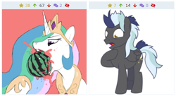 Size: 616x334 | Tagged: safe, artist:babyroxasman, artist:baigak, princess celestia, oc, oc only, oc:crash lane, alicorn, pegasus, pony, crown, derpibooru, eating, female, food, hoof shoes, horseshoes, jewelry, juxtaposition, juxtaposition win, mare, meme, meta, next generation, not blood, peytral, reaction, regalia, shocked, simple background, tragedy, vector, watermelon