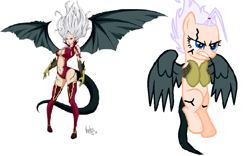 Size: 876x548 | Tagged: safe, artist:pawsofponies, demon, demon pony, angry, fairy tail, flying, mirajane strauss, ponified, simple background, solo, spread wings, white background