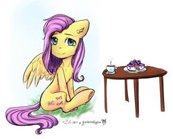 Size: 6000x4800 | Tagged: safe, artist:generallegion, artist:zefirka, fluttershy, pegasus, pony, collaboration, absurd resolution, cake, cup, cute, female, food, looking at you, mare, simple background, sitting, smiling, solo, table, tea, teacup