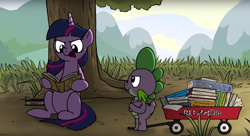 Size: 1438x784 | Tagged: safe, artist:petirep, derpibooru import, spike, twilight sparkle, dragon, book, grass, rainbow dash presents, reading, tree, wagon