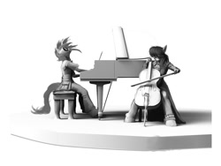 Size: 1000x750 | Tagged: safe, artist:hattonslayden, dj pon-3, octavia melody, vinyl scratch, anthro, unguligrade anthro, cello, duo, female, grayscale, looking down, looking up, monochrome, musical instrument, piano, simple background, white background