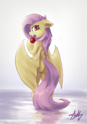 Size: 2478x3506 | Tagged: safe, artist:stardep, fluttershy, bat pony, semi-anthro, apple, bat ponified, bipedal, fangs, female, flutterbat, food, mare, open mouth, plot, race swap, solo