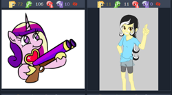 Size: 614x341 | Tagged: safe, princess cadance, oc, oc:color cream, alicorn, pony, equestria girls, derpibooru, equestria girls-ified, gun, hoof shoes, juxtaposition, meme, meta, perfect aim, salute, shotgun, smiling, solo, weapon