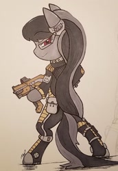 Size: 900x1311 | Tagged: safe, artist:zalla661, octavia melody, earth pony, pony, bipedal, fanfic art, solo, spacesuit, traditional art, weapon