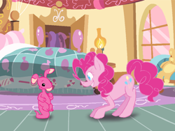 Size: 1024x768 | Tagged: safe, artist:azulmimi99, pinkie pie, earth pony, pony, bed, bedroom, blumaroo, closet, crossover, female, lamp, neopets, smiling, solo