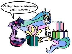 Size: 858x650 | Tagged: safe, artist:rainbowbacon, fluttershy, princess celestia, twilight sparkle, twilight sparkle (alicorn), alicorn, pegasus, pony, boxes, gift box, present, sarcasm