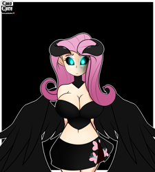 Size: 3600x4000 | Tagged: safe, artist:caoscore, fluttershy, demon, human, belly button, big breasts, black background, breasts, cleavage, clothes, demon wings, demonic eyes, female, hootershy, humanized, midriff, simple background, skirt, wings