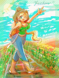 Size: 600x800 | Tagged: safe, artist:osawari64, applejack, equestria girls, applejack's hat, applerack, backpack, boots, breasts, clothes, cowboy hat, farm, flower, hat, jeans, looking at you, one eye closed, pants, peace sign, shoes, tanktop, wink