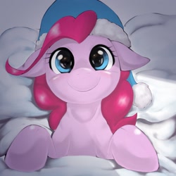 Size: 1536x1536 | Tagged: safe, artist:kurogewapony, pinkie pie, earth pony, pony, bed, bust, female, floppy ears, looking at you, smiling, solo