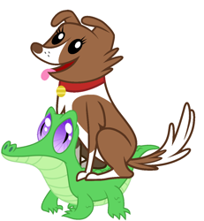 Size: 986x1067 | Tagged: safe, artist:red4567, gummy, winona, alligator, dog, cute, duo, open mouth, pets riding pets, ride, rider, riding, simple background, sitting, smiling, tongue out, white background