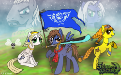 Size: 1024x640 | Tagged: safe, artist:sephiroth7734, alicorn, earth pony, parasprite, pegasus, pony, aika, female, fina, flag, galcian, male, mare, ponified, ramirez, skies of arcadia, stallion, sword, vyse, weapon