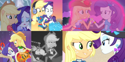 Size: 3643x1816 | Tagged: safe, screencap, applejack, rarity, better together, equestria girls, equestria girls (movie), legend of everfree, lost and found, rainbow rocks, rarity investigates: the case of the bedazzled boot, applejack is not amused, bass guitar, camp fashion show outfit, catching, clothes, comparison, continuity, cropped, cute, drama queen, duo, fall formal outfits, geode of shielding, geode of super strength, glow, grayscale, hat, headphones, jackabetes, magnet, marshmelodrama, monochrome, musical instrument, out of context, ponied up, raribetes, rarity investigates (eqg): applejack, shipping fuel, sparkles, swimsuit, unamused