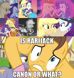 Size: 1024x1080 | Tagged: safe, edit, edited screencap, screencap, applejack, caramel, diamond cutter, rarity, pony, better together, equestria girls, equestria girls (movie), fame and misfortune, legend of everfree, lost and found, rainbow rocks, rarity investigates: the case of the bedazzled boot, applejack is not amused, argument, bass guitar, catching, clothes, comparison, continuity, cousins, cropped, cute, drama queen, dramamel, duo, eyes closed, eyeshadow, female, glow, grayscale, hat, headphones, image macro, jackabetes, lesbian, lidded eyes, magnet, makeup, marshmelodrama, meme, monochrome, musical instrument, pink shirt, ponied up, ponyville, raribetes, rarijack, rarity investigates (eqg): applejack, shipping, shipping fuel, sparkles, swimsuit, unamused, yelling