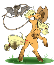 Size: 1024x1229 | Tagged: safe, artist:theluckyblackcatlbc, applejack, earth pony, pony, vampire fruit bat, bats!, dirty, female, lasso, mare, mouth hold, rearing, rope, simple background, solo, transparent background