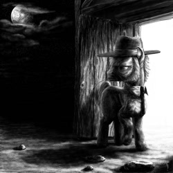 Size: 1200x1200 | Tagged: safe, artist:friendshipocalypse, igneous rock pie, earth pony, pony, backlighting, grayscale, male, mare in the moon, monochrome, moon, rock farm, solo, stallion