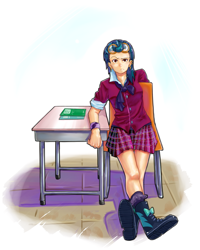 Size: 1200x1500 | Tagged: safe, artist:shichiro, indigo zap, equestria girls, friendship games, book, boots, chair, clothes, crystal prep academy uniform, cute, desk, ear piercing, frown, goggles, legs, piercing, pixiv, pleated skirt, raised eyebrow, school uniform, simple background, sitting, skirt, socks, solo, white background