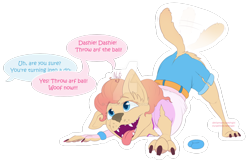 Size: 1600x1039 | Tagged: safe, artist:najti, pinkie pie, dog, equestria girls, age regression, clothes, commission, deviantart watermark, excited, flat colors, full body, golden retriever, implied rainbow dash, looking up, obtrusive watermark, offscreen character, puppy, puppy pie, ripping clothes, simple background, smiling, solo, speech bubble, speech change, tail, tail wag, tongue out, transformation, transparent background, watermark