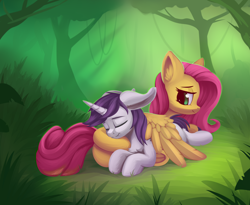 Size: 3000x2464 | Tagged: safe, artist:anti1mozg, fluttershy, oc, oc:lapush buns, pegasus, pony, unicorn, bunny ears, bunnycorn, butt pillow, canon x oc, commission, female, forest, grass, male, nature, outdoors, prone, resting, shining, sleeping, smiling, straight, tree, wings