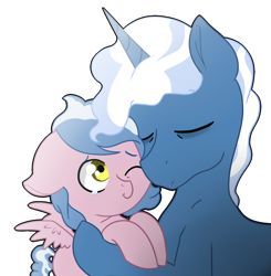 Size: 1248x1271 | Tagged: safe, artist:marukouhai, pokey pierce, oc, oc:okey, pegasus, pony, colt, cuddling, eyes closed, father and child, father and son, male, offspring, one eye closed, parent and child, parent:pinkie pie, parent:pokey pierce, parents:pokeypie, simple background, snuggling, teary eyes, white background