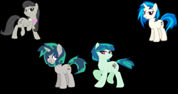 Size: 4252x2241 | Tagged: safe, artist:feuerwelle, dj pon-3, octavia melody, vinyl scratch, earth pony, pony, unicorn, family, female, lesbian, magical lesbian spawn, mare, offspring, parent:octavia melody, parent:vinyl scratch, parents:scratchtavia, raised eyebrow, raised hoof, scratchtavia, shipping, smiling