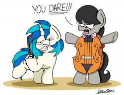 Size: 1989x1528 | Tagged: safe, artist:bobthedalek, dj pon-3, octavia melody, vinyl scratch, earth pony, pony, unicorn, angry, atg 2018, bipedal, bow (instrument), cello, grin, musical instrument, newbie artist training grounds, redraw, smiling, transformation