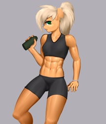 Size: 1800x2100 | Tagged: safe, artist:elzzombie, applejack, anthro, earth pony, abs, alternate hairstyle, applejacked, clothes, female, looking at you, mare, muscles, ponytail, simple background, solo, sports bra, sports shorts