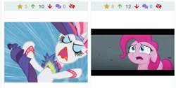 Size: 1112x560 | Tagged: safe, derpibooru import, screencap, pinkie pie, rarity, earth pony, pony, unicorn, my little pony: the movie, sonic rainboom (episode), derpibooru, juxtaposition, meta