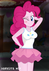 Size: 1024x1473 | Tagged: safe, artist:danielitamlp, pinkie pie, better together, equestria girls, arm behind head, bedroom eyes, blushing, breasts, clothes, cute, cutie mark on clothes, female, hand on hip, looking at you, miniskirt, one eye closed, pinkie pies, skirt, smiling, solo, wink