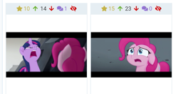 Size: 705x374 | Tagged: safe, derpibooru import, screencap, pinkie pie, twilight sparkle, twilight sparkle (alicorn), alicorn, earth pony, pony, my little pony: the movie, angry, derpibooru, female, juxtaposition, meta