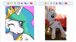 Size: 709x391 | Tagged: safe, princess celestia, alicorn, banana, derpibooru, female, food, irl, juxtaposition, meta, photo, plushie, toy