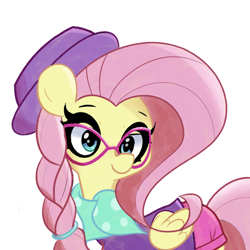 Size: 1300x1300 | Tagged: safe, artist:turtlefarminguy, fluttershy, pegasus, pony, fake it 'til you make it, alternate hairstyle, braid, clothes, cute, glasses, hat, hipstershy, scarf, shyabetes, simple background, solo, white background