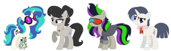 Size: 1494x450 | Tagged: safe, artist:fandom-crockpot, artist:mlpfangirl17, artist:selenaede, dj pon-3, octavia melody, vinyl scratch, oc, oc:nuance harmoney, oc:sawtooth vibe, earth pony, pony, unicorn, alternate hairstyle, base used, clothes, ear piercing, earring, family, female, glasses, hair bun, horn ring, icey-verse, jacket, jewelry, leather jacket, lesbian, magical lesbian spawn, mare, mother and child, mother and daughter, necklace, next generation, offspring, parent and child, parent:octavia melody, parent:vinyl scratch, parents:scratchtavia, piercing, ring, scratchtavia, shipping, simple background, sisters, tattoo, unamused, vinyl's glasses, wedding ring, white background