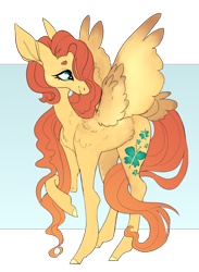 Size: 618x843 | Tagged: safe, artist:ectopi, fluttershy, pegasus, pony, alternate design, female, hair over one eye, head turn, long mane, long tail, looking away, mare, raised hoof, redesign, shoulder feathers, simple background, smiling, solo, spread wings, standing, tail feathers, tallershy, wing fluff, wings