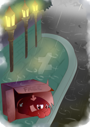 Size: 1024x1453 | Tagged: safe, artist:kumikoponylk, oc, oc:downvote, earth pony, pony, abandoned, box, cardboard box, commission, crying, derpibooru, derpibooru ponified, downvotes are upvotes, female, frown, homeless, lamppost, looking down, mare, meta, night, obtrusive watermark, ponified, prone, rain, sad, solo, street, street lights, teary eyes, watermark, wet