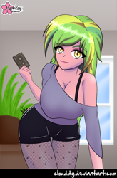 Size: 524x800 | Tagged: safe, artist:clouddg, lemon zest, equestria girls, big breasts, bra, bra strap, breasts, busty lemon zest, cassette tape, cleavage, clothes, female, fishnet pantyhose, fishnet stockings, looking at you, off shoulder, shorts, smiling, solo, underwear